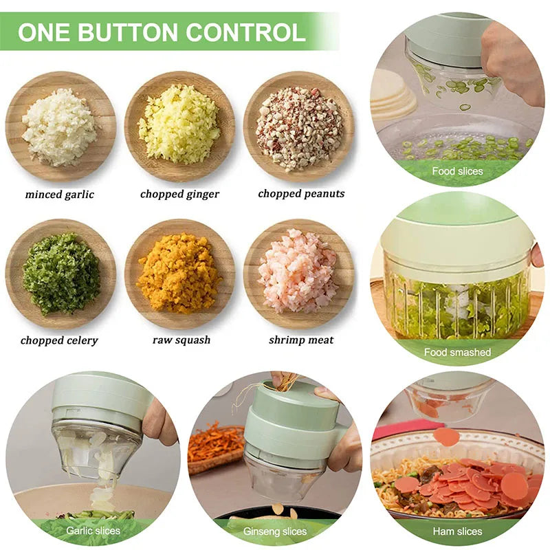 4 in 1 Handheld Electric Vegetable Cutter Set for Garlic Pepper Chili Onion Celery Ginger Meat with Brush Kitchen Tools Good Vibrations