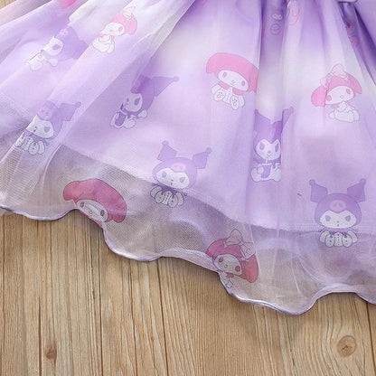 Fashion Girls Dress Spring Autumn Mesh Cartoon Kuromi Long Sleeve Princess Dresses for 2-6 Years Kids Birthday Party Costume Good Vibrations