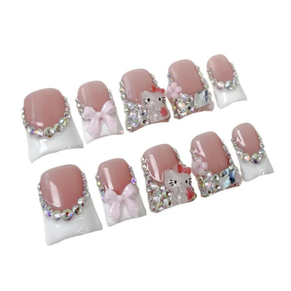 10Pcs Sweet Short Press on nails Bow Cute KT Cat Design Duck French Fake Nails Shiny Rhinestone Handmade White False Nail Tips Good Vibrations