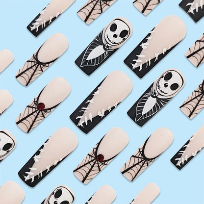24pcs Halloween Press on Nails with Skull Black Spider Wed Design French Fake Nail Patch Full Cover Wearable False Nail Tips Good Vibrations