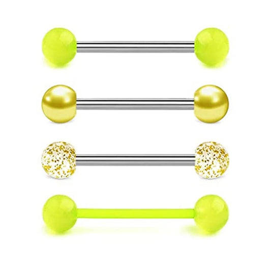 1PCS/4PCS Stainless Steel 14G Tongue Rings Barbell Glow Tongue Barbell Jewelry for Women piercing Tongue Piercing Yellow Good Vibrations