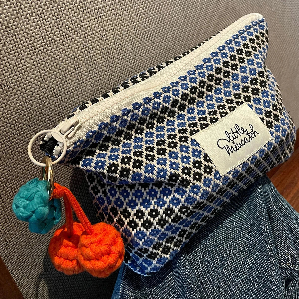 Blue Cherry Hangings Cosmetic Bag Geometric Pattern Make Up Bag Letter Patch Decor Makeup Bag Large Capacity Handbag Good Vibrations