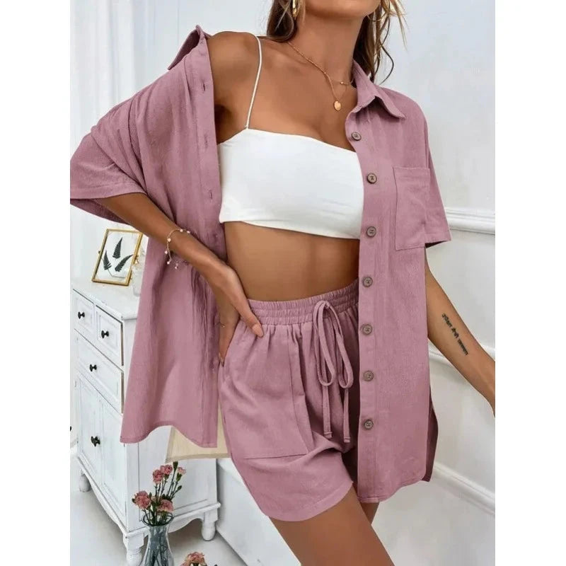 Fashion Black Short Sleeve Shirt And Shorts Two Piece Sets Women 2025 Summer Cotton Linen Casual Home 2 Piece Sets Women Outfit Good Vibrations