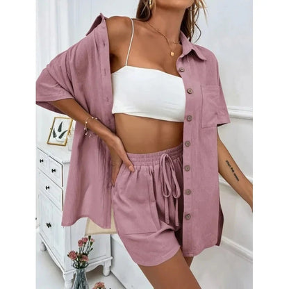 Fashion Black Short Sleeve Shirt And Shorts Two Piece Sets Women 2025 Summer Cotton Linen Casual Home 2 Piece Sets Women Outfit Good Vibrations