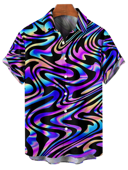 Couple Outfit Colorful Textured Graphic Print Lace Up Half Zipper A Line Dress and Men's Roll Up Sleeve Shirt Two Piece Set Good Vibrations