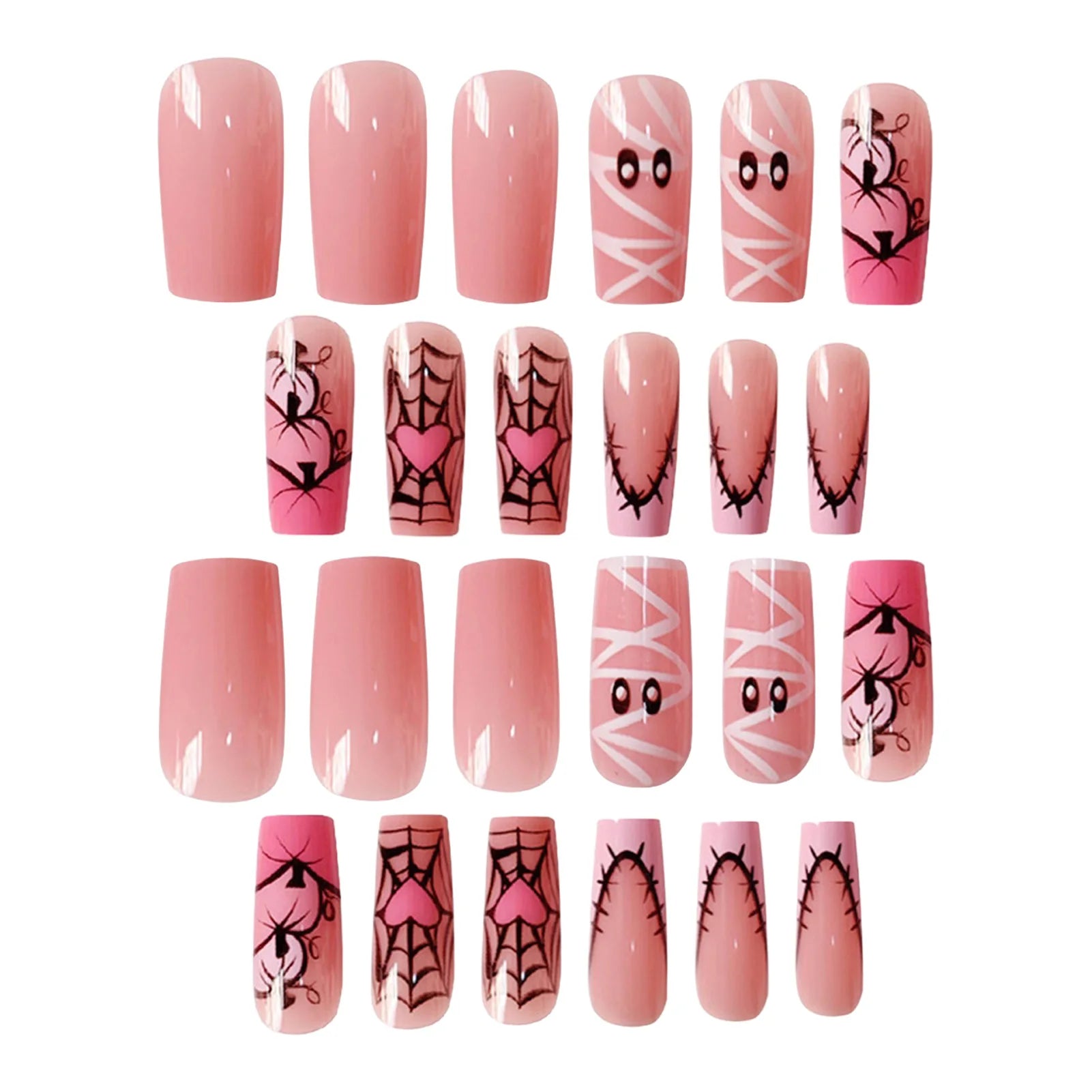 24pcs Sweet Cool Halloween False Nails Pink Medium Coffin French Fake Nails Bandage Ghost Spiderweb Pumpkin Design Press On Nail Good Vibrations