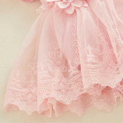 3D Flower Summer Baby Girls Romper Princess Mesh Newborn Clothes Lace Patchwork Ruffle Bodysuit Dress Headband Kids Clothing Good Vibrations