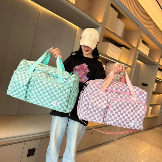 Fashion Large Capacity Checkerboard Pattern Duffle Handbag, Lightweight Travel Luggage Storage Bag, Portable Sports Fitness Bag Good Vibrations