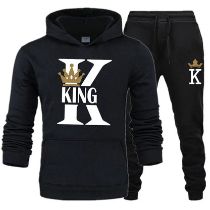 2024 New Autumn and Winter Men's and Women's Sweater Set KING QUEEN Loose Relaxed Hooded Print Couple Set Good Vibrations