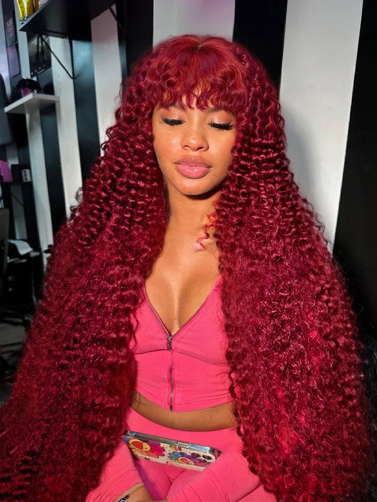 Glueless 200% Density 99J Burgundy Full Machine Made Deep Wave Wig with Bangs Water Wave Red Curly Human Hair Wigs Wear and Go Good Vibrations