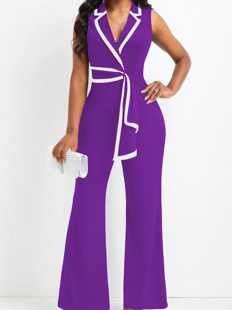 Women's Overalls Outfits Full Length New Fashion 2025 Summer V Neck Elegant Sleeveless Office Lady Jumpsuit Wide Leg Pants Good Vibrations
