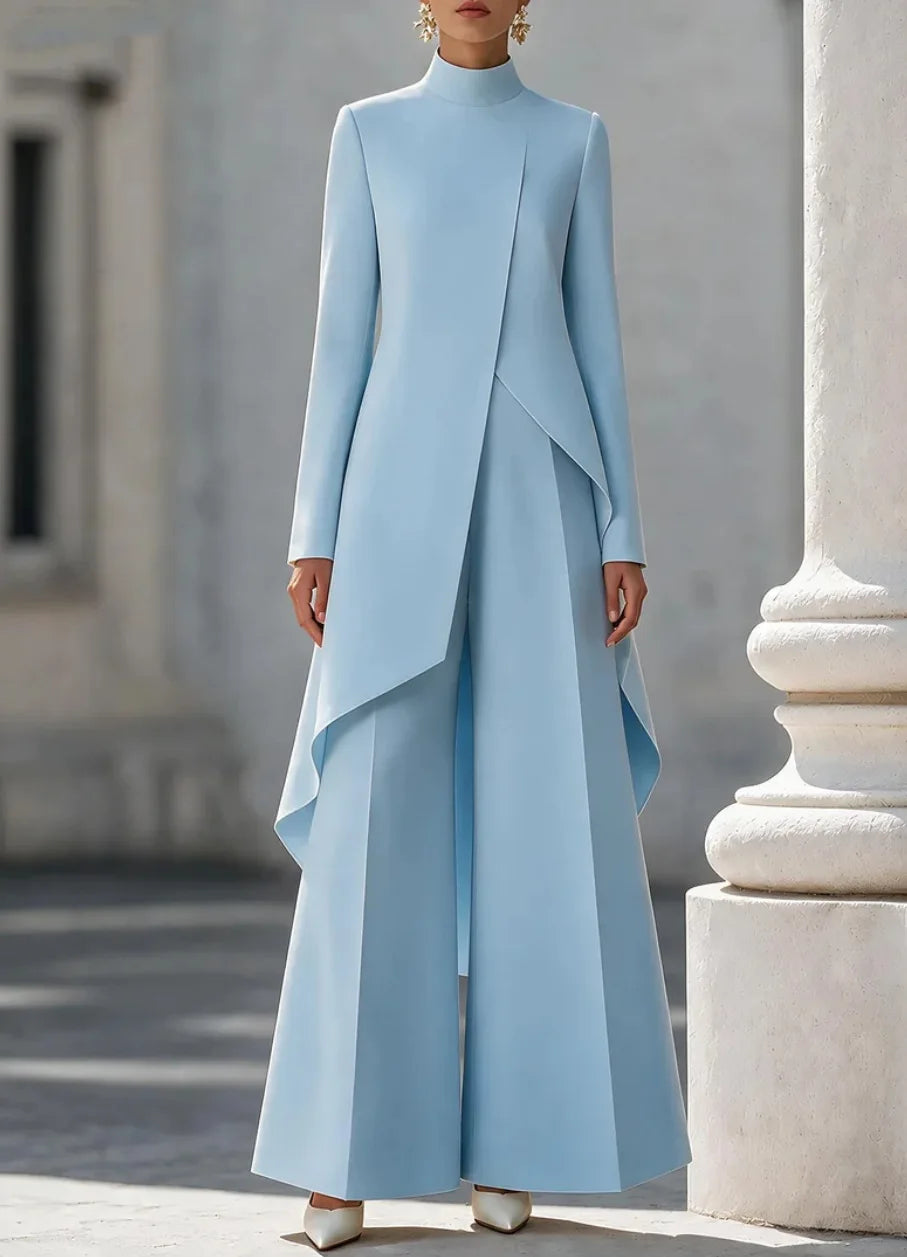 Woman's Autumn Stand Collar Top With Wide Leg Pants Two-piece Set Fashion Solid Irregular Long Top Suit Lady Chic Office Outfit Good Vibrations