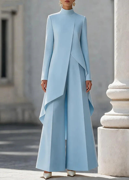 Woman's Autumn Stand Collar Top With Wide Leg Pants Two-piece Set Fashion Solid Irregular Long Top Suit Lady Chic Office Outfit Good Vibrations