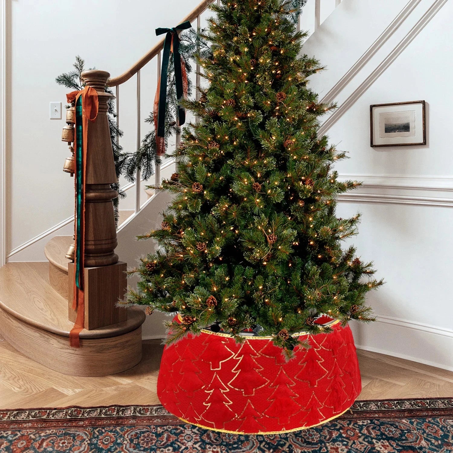 Christmas Tree Collar Red and Green Felt Decorations Tree Skirt Alternative Stereoscopic Tree Bottom Surrounder Party Display Good Vibrations