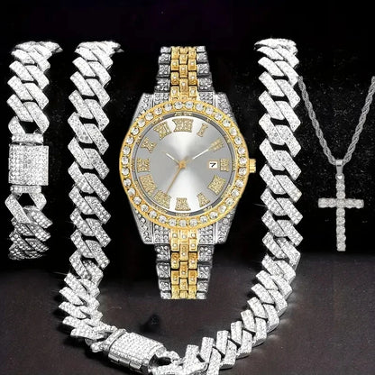 4pcs/set Mens Bling Wrist Watch & Hip Hop Cuban Chain Necklace Set - Rhinestone Accented, Round Dial, Electronic Quartz Movement Good Vibrations