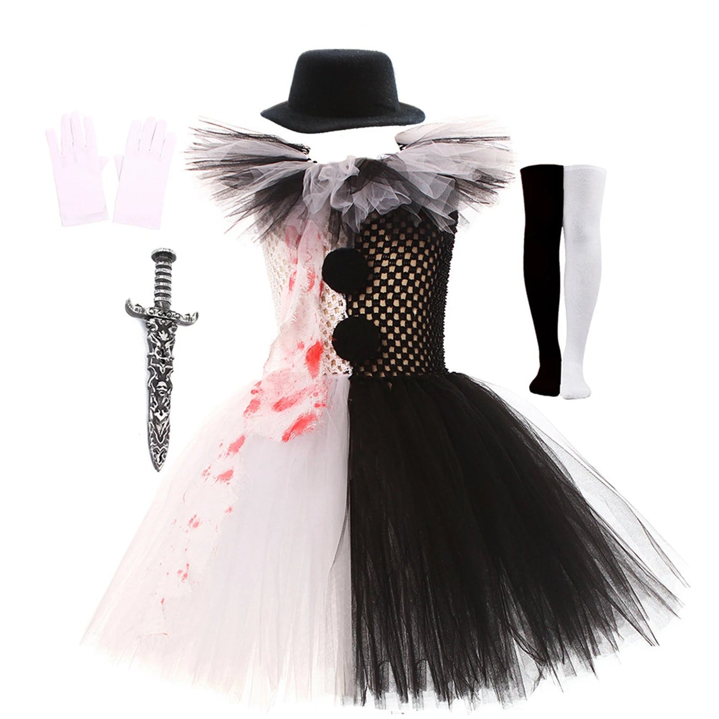 Halloween Clown Dress Bloodstained Black and White Colorblocking Girls Cosplay TUTU Dress Costume Good Vibrations
