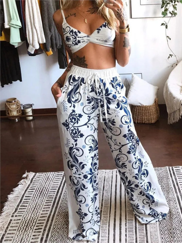 Sexy Two Piece Set Women Outfit 2025 Summer Butterfly Print V-Neck Cropped Top High Waist Drawstring Casual Wide Leg Pants Sets Good Vibrations