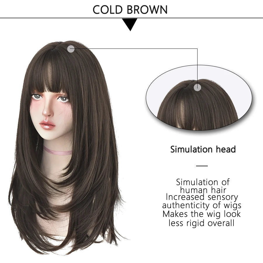 7JHHWIGS Long Wavy Synthetic Black Wigs For Women With Fringe Fashion Heat Resistant Mid-Length Daily Straight Light Brown Hair Good Vibrations