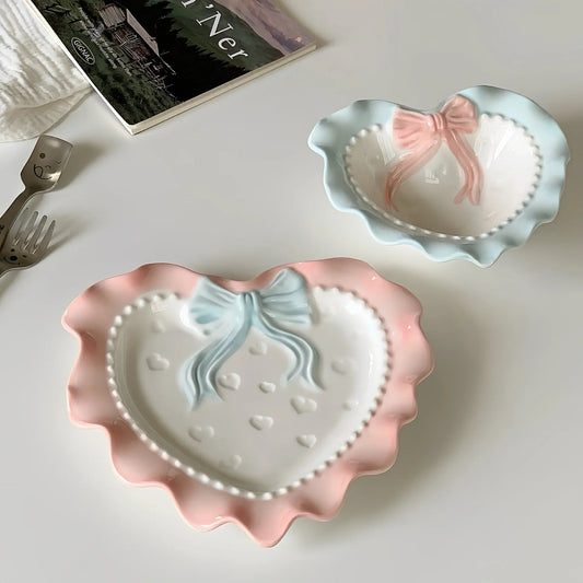 Cute Ceramic Dinner Plate Love Bow Jewelry Display Tray Wavy Edge Breakfast Plate Home Decor Photography Props Good Vibrations