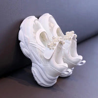 Girls' Mesh Hollowed Tennis Shoes 2024 Summer New Children's Solid Color Pearl Sports Shoes Kids Cute Heart Princess Sneakers Good Vibrations