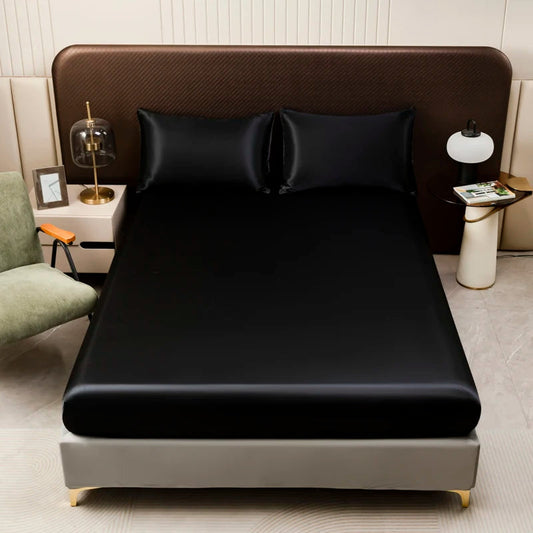 1Pc Satin Fitted Sheet Solid Colour Twin Full Queen Ice Silk Mattress Cover Natural With Elastic Band Bed Sheet (No Pillowcase) Good Vibrations