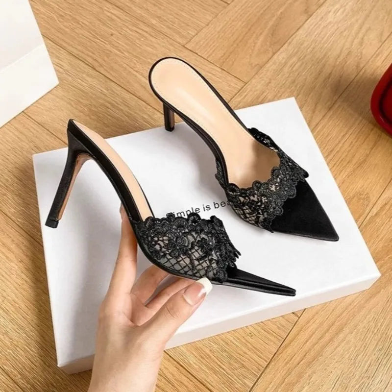 Women's High Heel Slippers Embroidery Lace Pointed Slippers Elegant Temperament High Heels Single Shoes for Women Banquet Pumps Good Vibrations