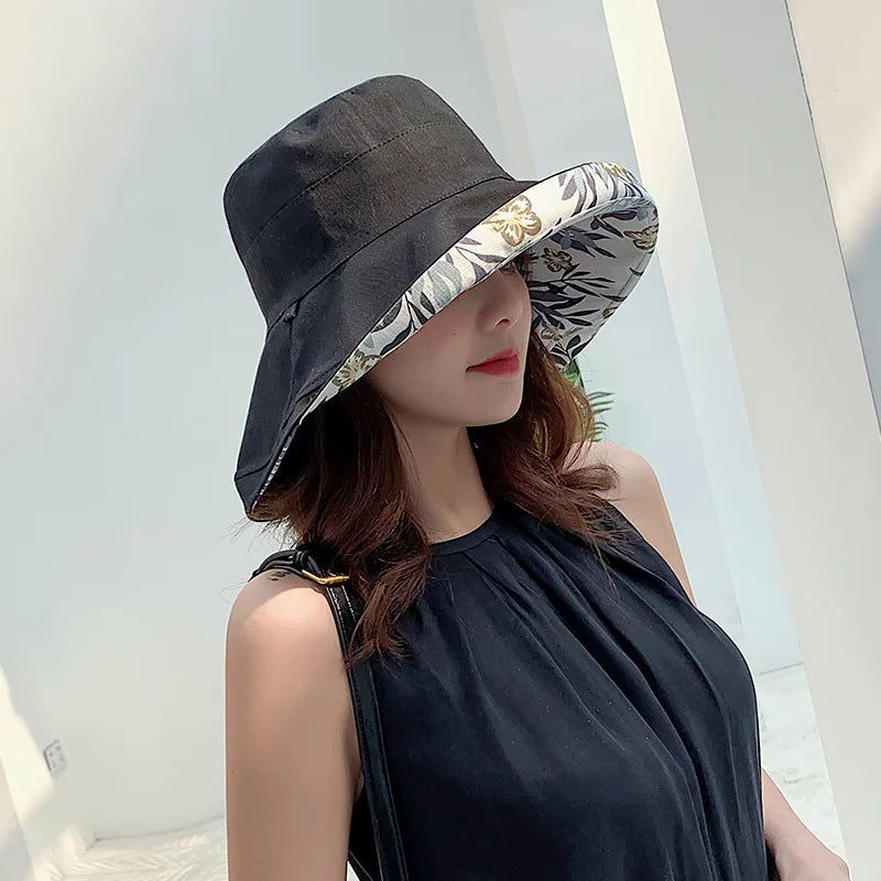 Women Bucket Hat, Elegant Flower Print Wide Brim Sun Visor Hat Lightweight Summer Panama Cap Good Vibrations