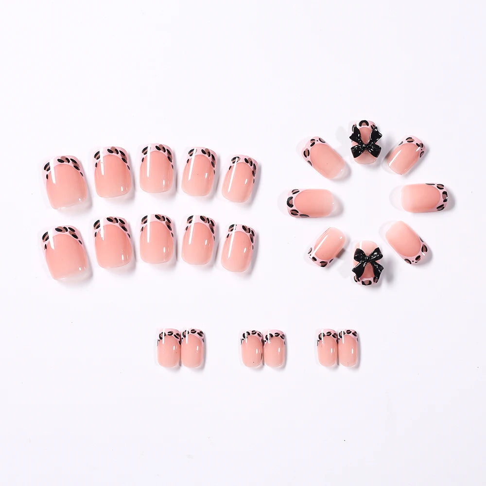24Pcs Pink Leopard Print French Tips False Nails Short Square Head 3D Black Bowknot Fake Nails Acrylic Full Cover Press on Nails Good Vibrations