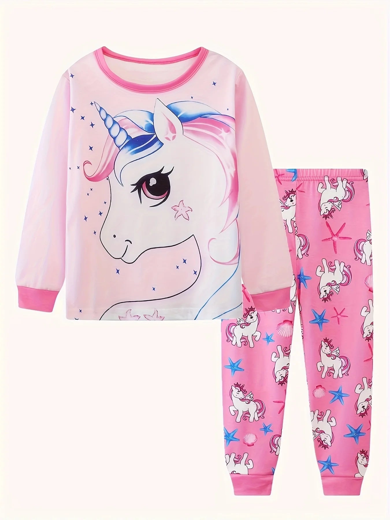 2pcs Girls Casual Cartoon Unicorn Print Crew Neck Pink Cotton Pajama Sets Good Vibrations