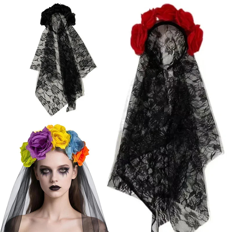 Halloween Black Veil Decoration Halloween Simulation Flower Headband Wedding The Dead Costume Cosplay Party Headwear Accessories Good Vibrations