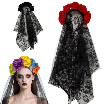 Halloween Black Veil Decoration Halloween Simulation Flower Headband Wedding The Dead Costume Cosplay Party Headwear Accessories Good Vibrations