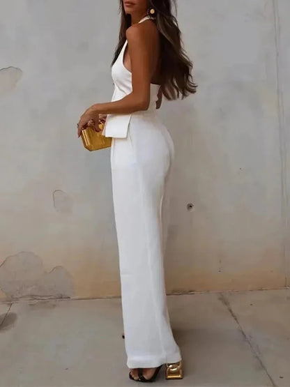 MUJER Pants Sets For Women 2 Pieces Off Shoulder Sleeveless Vest Woman Outfit Fashion Wide Leg Pants Elegant Casual Women's Set Good Vibrations
