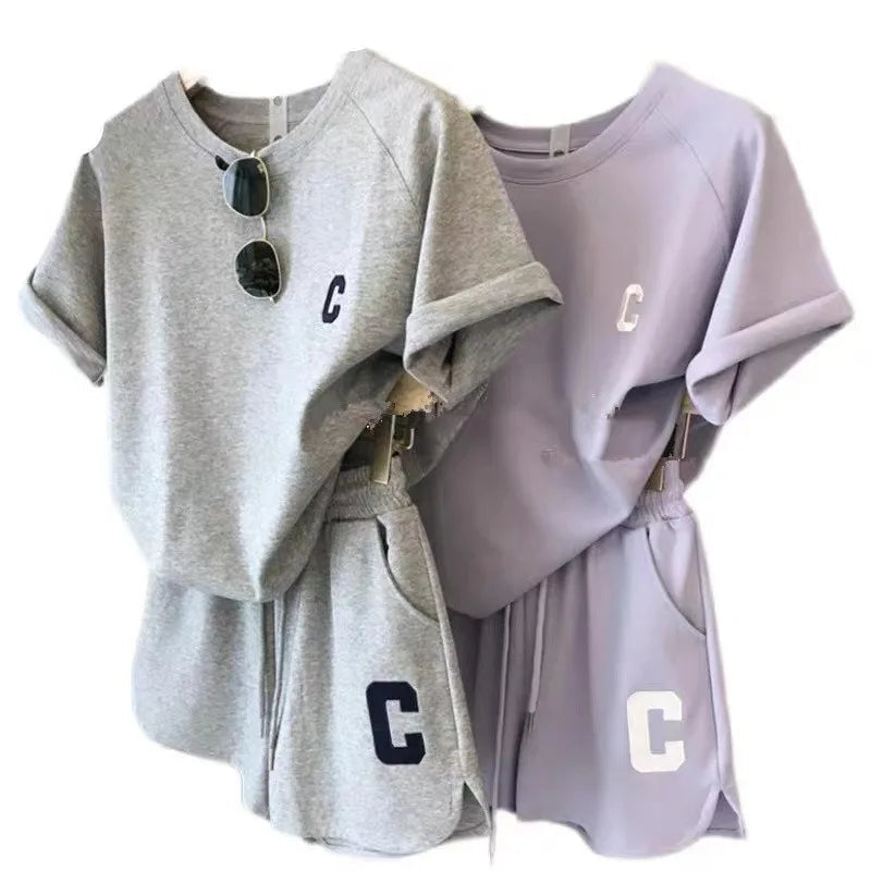  2 Piece Set Women Summer Loose Short Sleeve T-Shirt Casual Shorts Sports Print Letter Casual Suit Large Size Short Pajamas Good Vibrations