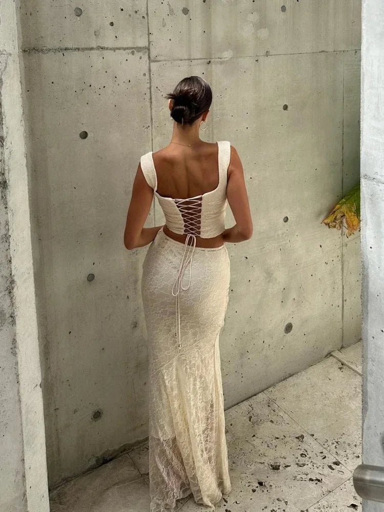 Mingmingxi Summer Sleeveless 2 Piece Sets Womens Outfits Elegant Formal Events Wedding Guest Dresses Sexy Cropped Top and Skirt Good Vibrations