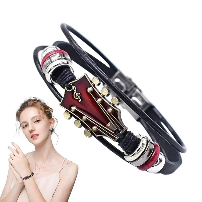 Punk Style Braided Guitar Bracelet Zinc Alloy Adjustable Buckle Manual Woven Faux Leather 3-Layered Punk Retro Wrist Jewelry Good Vibrations
