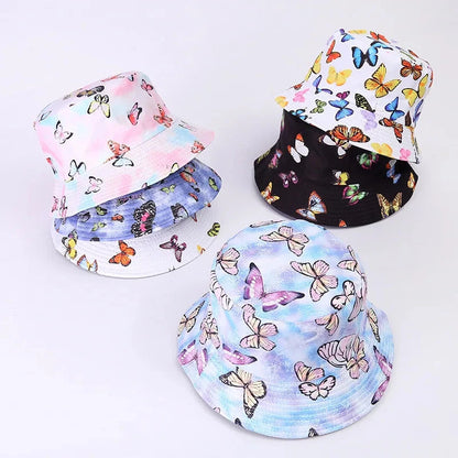 Butterfly Bucket Hat Spring Summer Hats For Women Outdoor Sun Protection Sunshade Sweet Cute Double sided Fisherman Cap Sunhat Good Vibrations