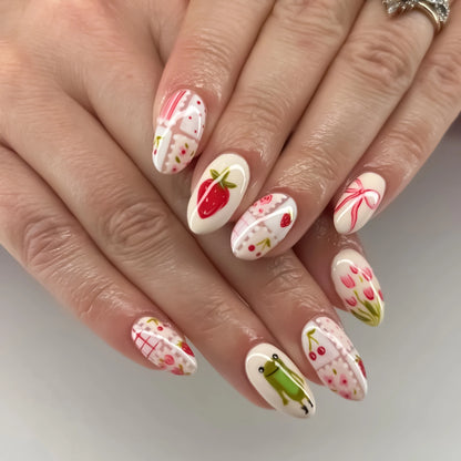 24pcs Short Glossy Oval Fake Nails Cute Sweet Strawberry Fake Nail Patch Wearable Full Cover for Girl Press on Nail Tips Good Vibrations