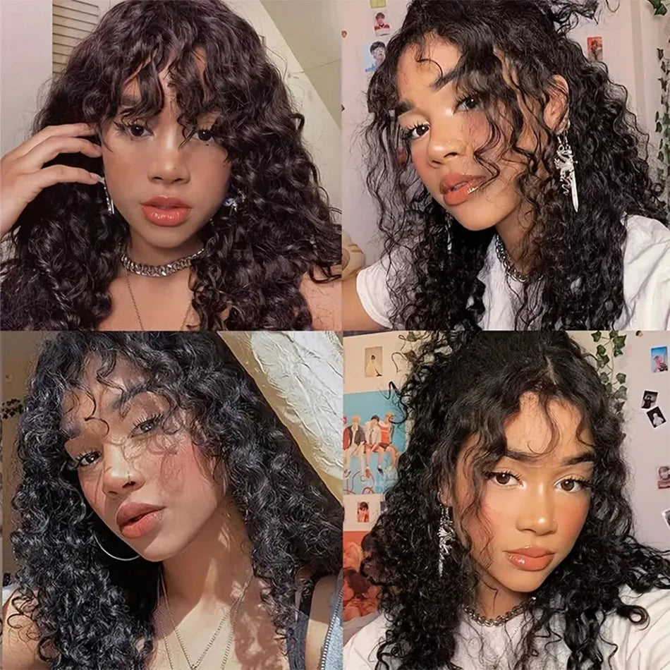 Water Wave Human Hair Wigs with Bangs None Lace Front Wigs Glueless Wigs Virgin Hair for Women 180% Machine Made Wigs Natural Good Vibrations