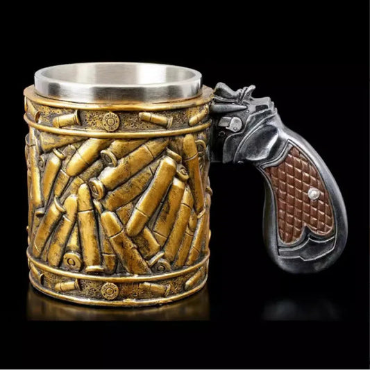 Gun Mugs Revolver Gun Tankard Beer Mug Ammo Bullet Resin Stainless Steel Inner Coffe Water Cup Stein Viking Mug Halloween Gift Good Vibrations