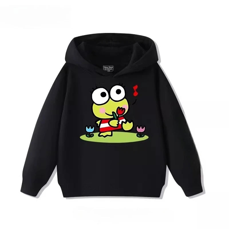 Sanrio's Cute Printed Hoodies for Boys and Girls with Big-eyed Frogs in Autumn Outdoor Casual Fashion for Children Good Vibrations