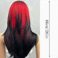 Wigs for women long straight hair heat-resistant synthetic fiber 25 inches black and red abalone head with bangs full wig Good Vibrations