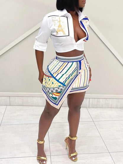 Two Piece Set Women Outfit Summer Fashion Graphic Print Buttoned Turn-Down Collar Shirt & Striped Asymmetrical Skirt Set O9ZA Good Vibrations