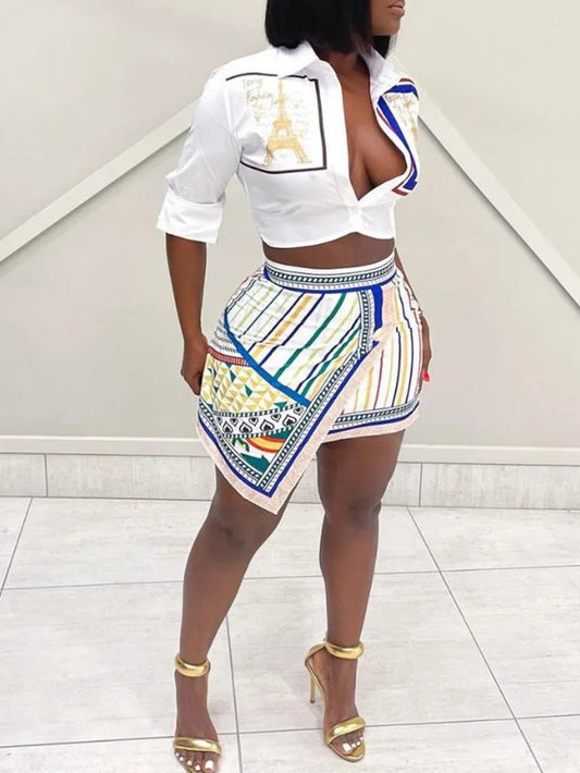 Two Piece Set Women Outfit Summer Fashion Graphic Print Buttoned Turn-Down Collar Shirt & Striped Asymmetrical Skirt Set O9ZA Good Vibrations