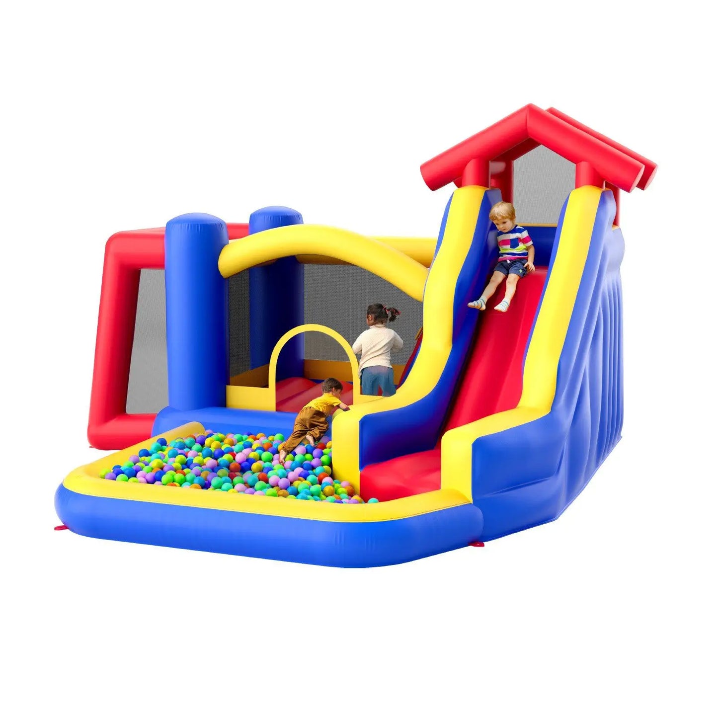 Inflatable Bounce House, Outdoor High Quality Playhouse Trampoline, Jumping Bouncer with Blower, Slide, and Storage Bag, Family Good Vibrations