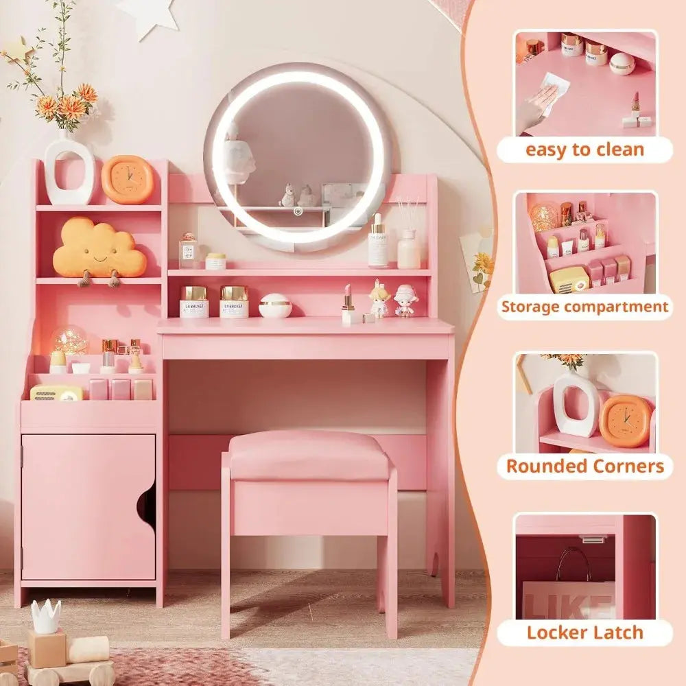 Kids Vanity with Lights, Princess Makeup Vanity Desk with Open Bookshelf, Storage Cabinet & Shelves, Toddler Vanity Tabl Good Vibrations