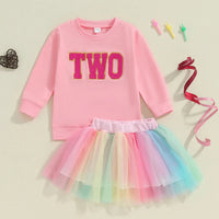 Citgeett Autumn Kids Toddler Girl Birthday Outfit Letter Embroidery Long Sleeve Sweatshirt Rainbow Tulle Skirt Set Fall Clothes Good Vibrations