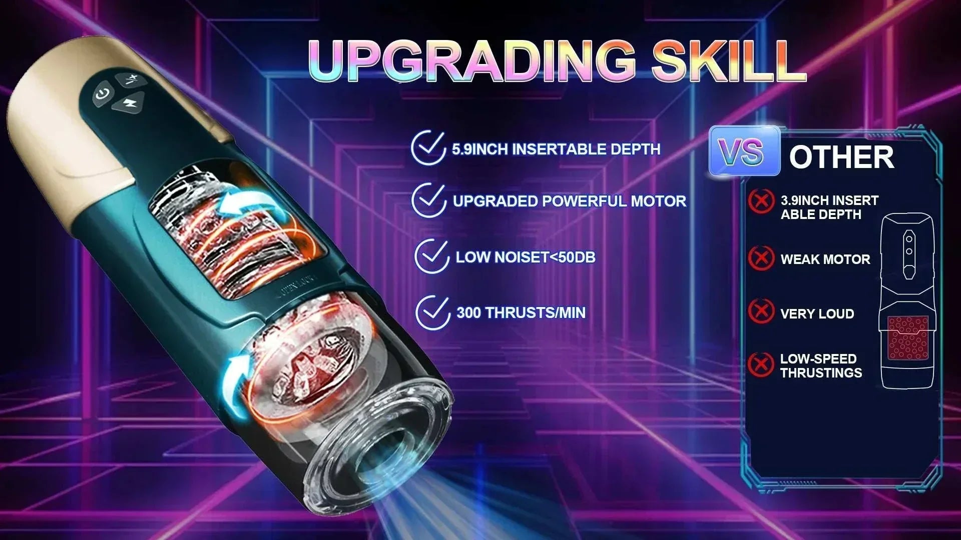 Automatic telescopic male masturbator with upgraded motor and low noise, offering 5.9-inch insert depth and 300 thrusts per minute.