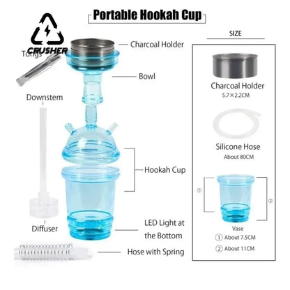 Portable hookah cup assembly diagram featuring components like charcoal holder, bowl, downstem, and silicone hose with spring.