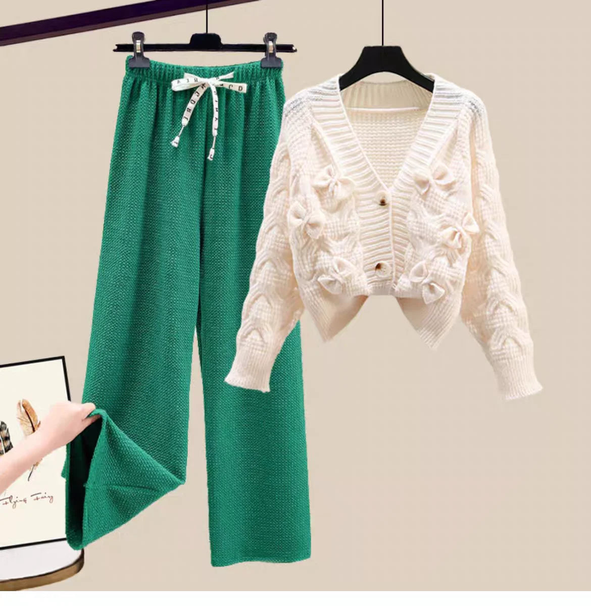 Two Piece Set For Women New In Sweater Matching Sets Korean Sweet Bow Outfit Long Sleeve Cardigan Knitwear Wide Leg Pants Set Good Vibrations