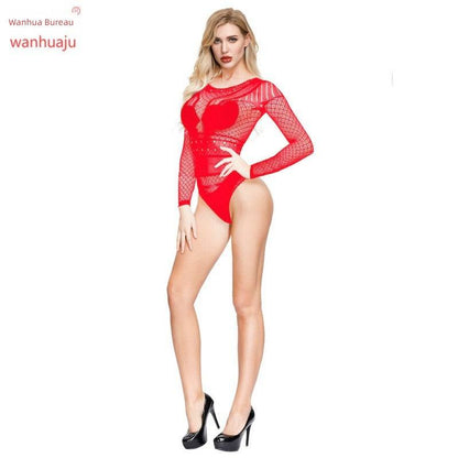 Sexy European and American Sexy Jacquard Long-Sleeved Jumpsuit Mesh Stockings GOOD Vibrations
